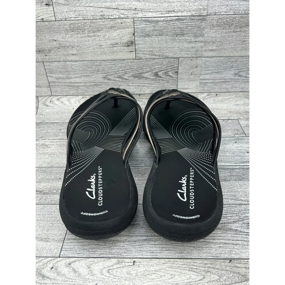 Clarks‎ Cloudsteppers Arla Kaylie Women Size 7 Black Pewter Flip Flop Sandals